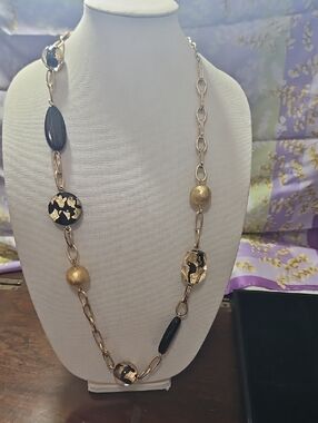 Chico's Large Gold and Black Mixed-Media Long Statement Necklace